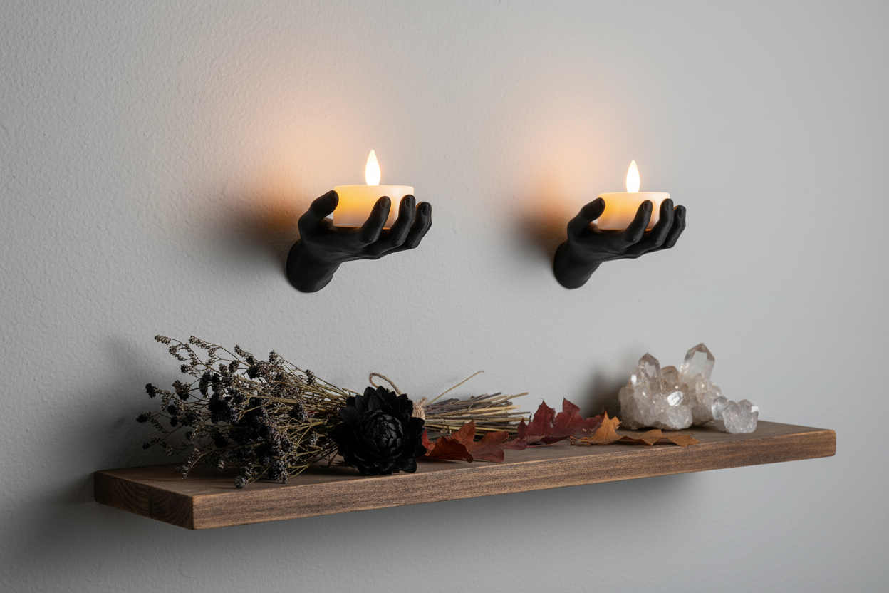 Creepy hand wall holders lifestyle scene with glowing candles