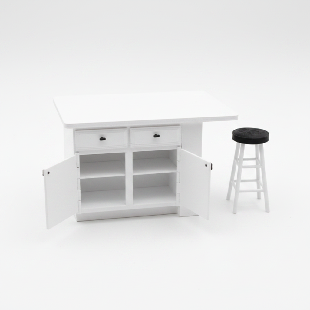 Dollhouse miniature white kitchen island front view, white background