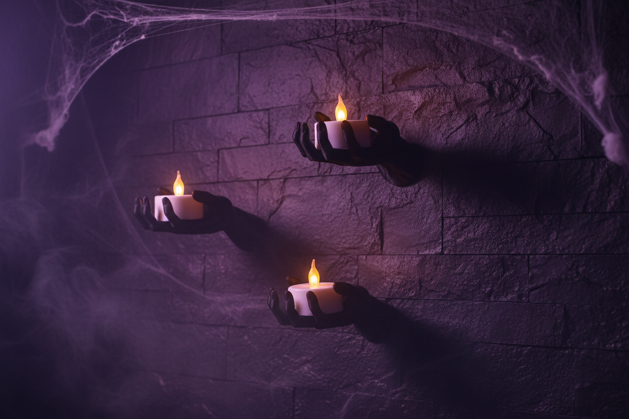 Creepy hand wall holders dark moody Halloween lifestyle scene