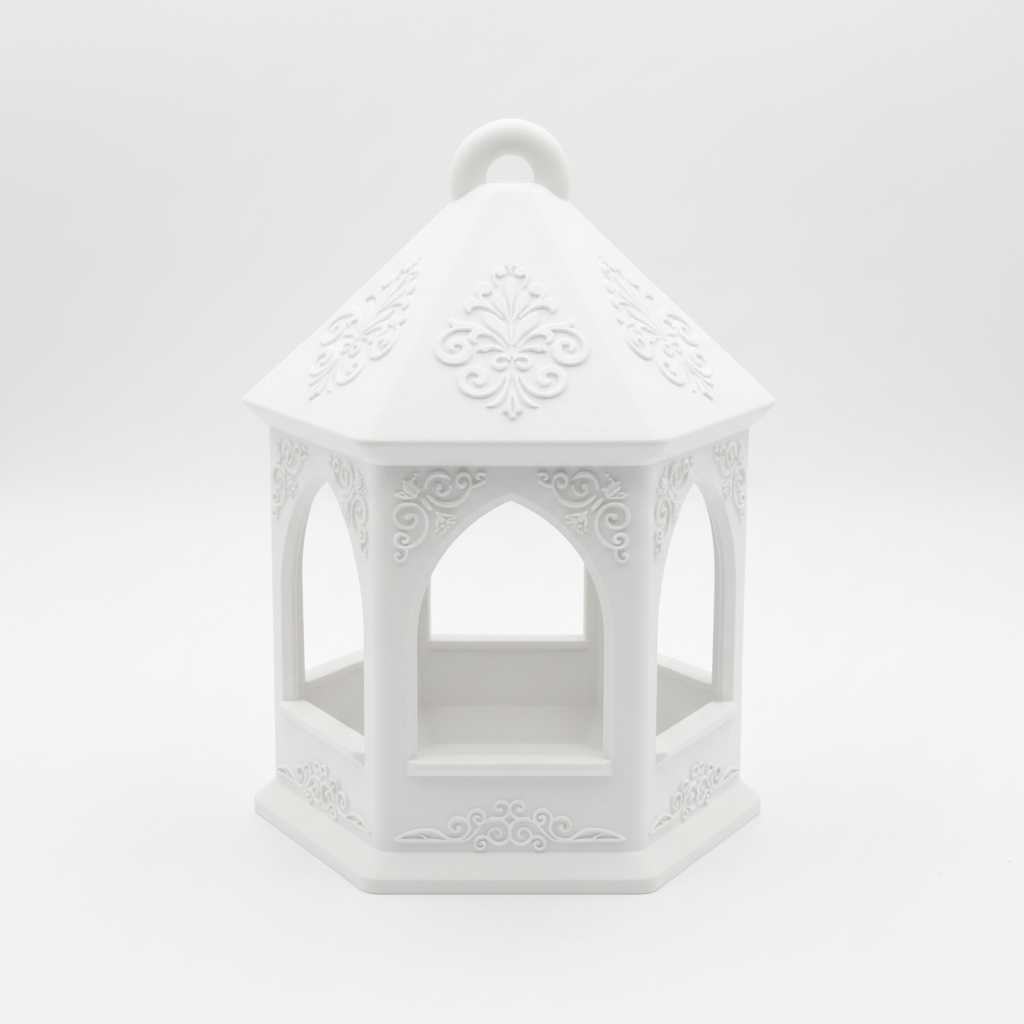 Elegant hexagonal bird feeder in white, clean studio product shot