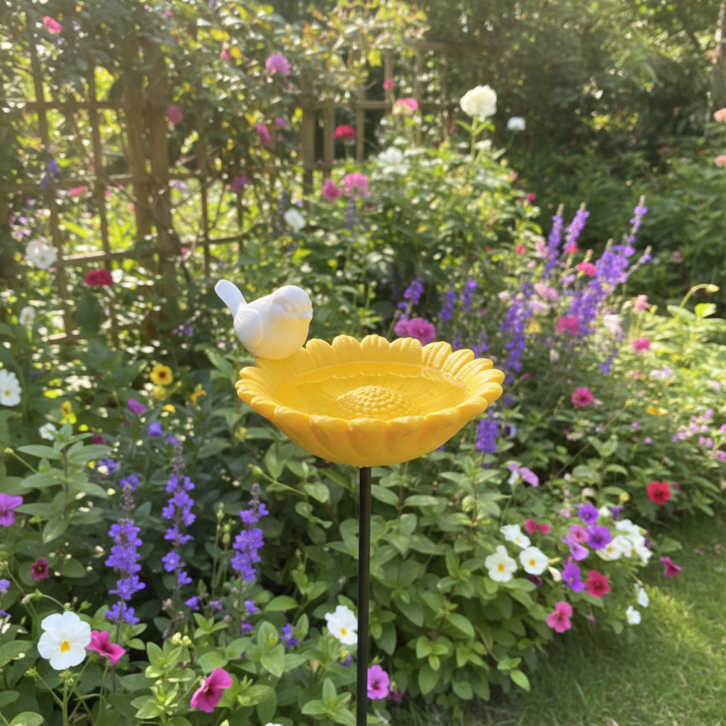 Yellow flower bird bath with white bird in cottage garden setting