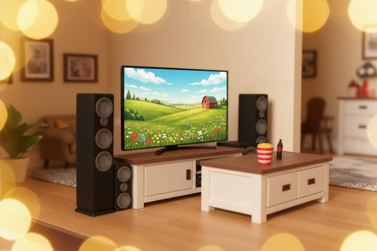 Miniature TV in cozy dollhouse living room lifestyle scene