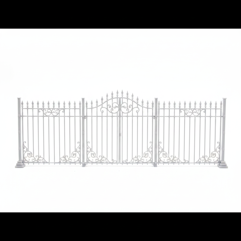 1:12 scale miniature wrought iron fence white background studio shot