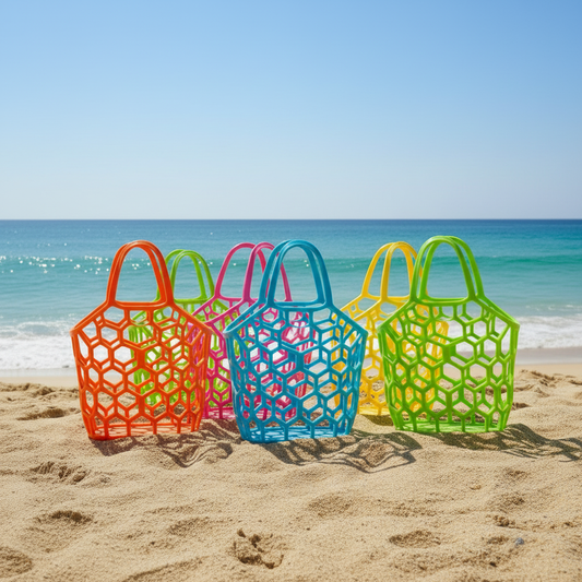 3D printed honeycomb beach bag in multiple colors on sandy beach