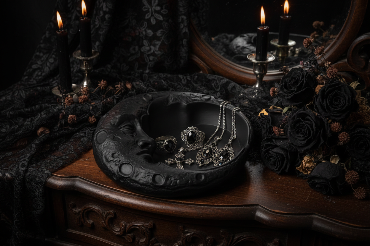 Gothic crescent moon jewelry tray lifestyle scene no hand