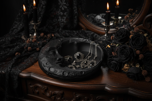 Gothic crescent moon jewelry tray lifestyle scene no hand