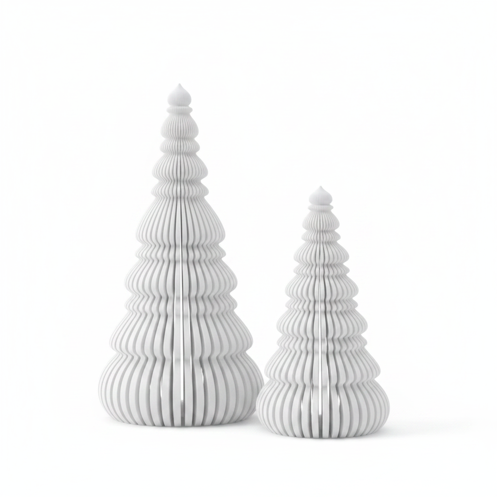 Modern Nordic Japandi ribbed Christmas tree set on white background