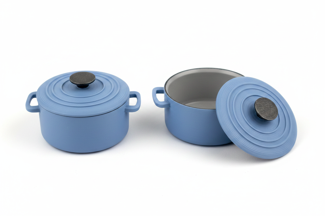 1:12 scale miniature Dutch oven set in country blue colorway white background
