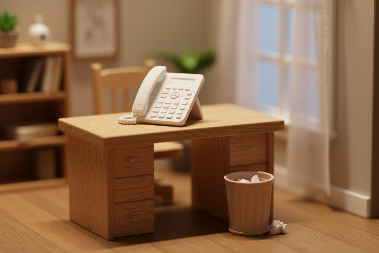 Miniature desk phone on desk with trash can on the floor lifestyle scene