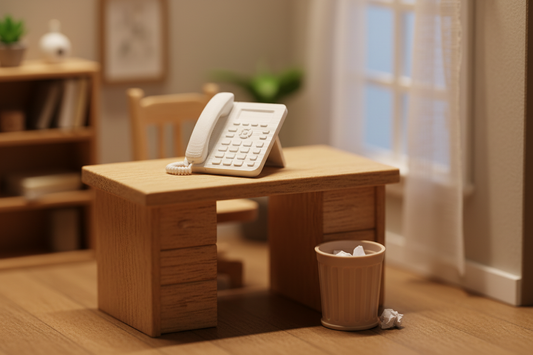 Miniature desk phone on desk with trash can on the floor lifestyle scene