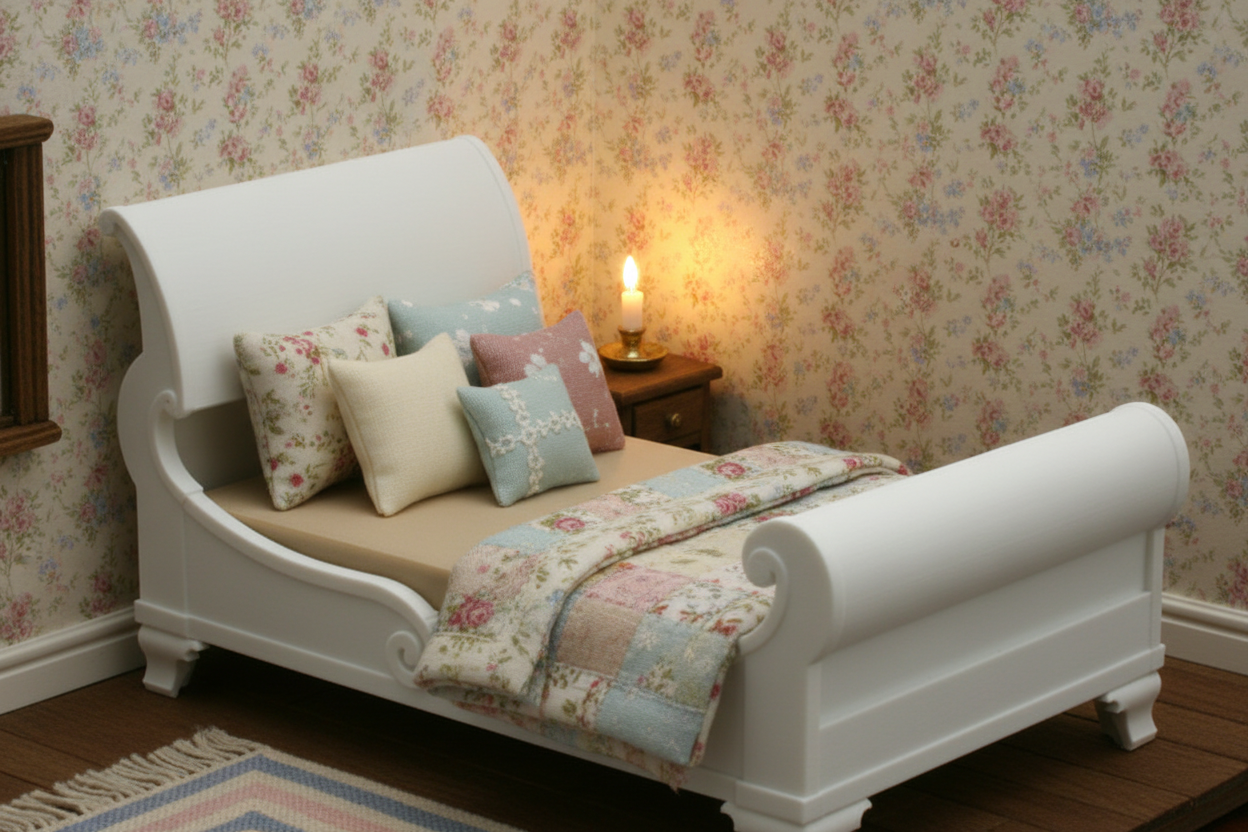 1:12 scale classic colonial sleigh bed in cozy dollhouse bedroom lifestyle scene