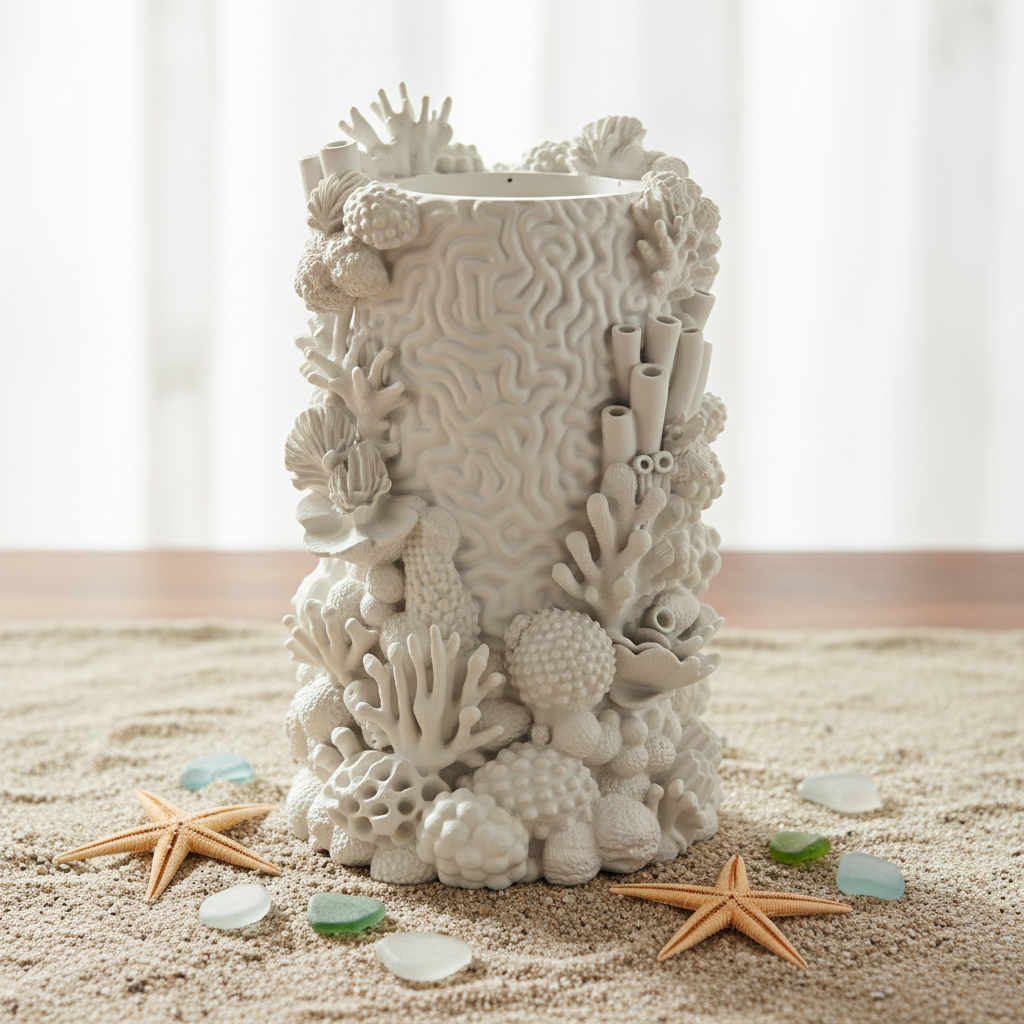 3D printed white coral reef vase on sandy surface with starfish and sea glass