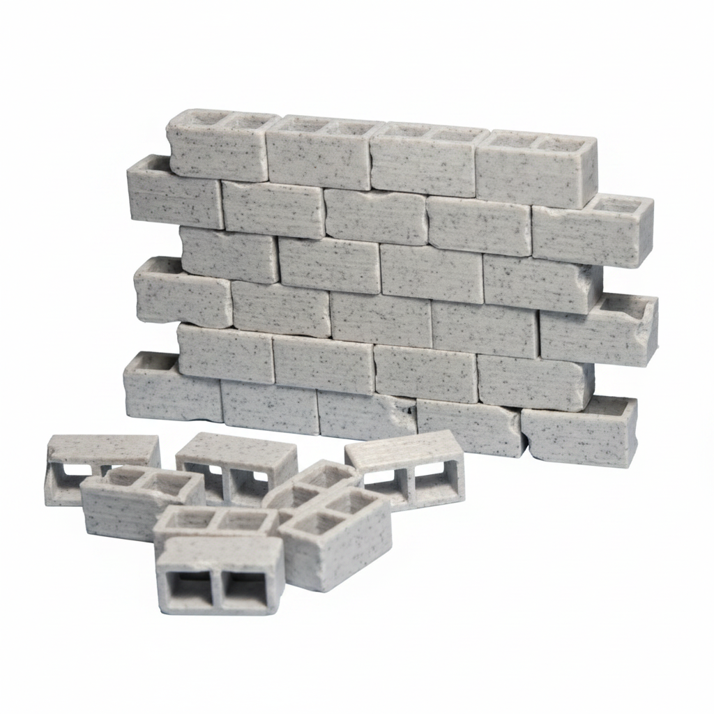 Miniature cinder blocks stacked and scattered on white background