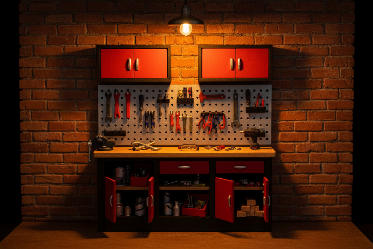 1:12 scale miniature red workbench lifestyle scene garage diorama