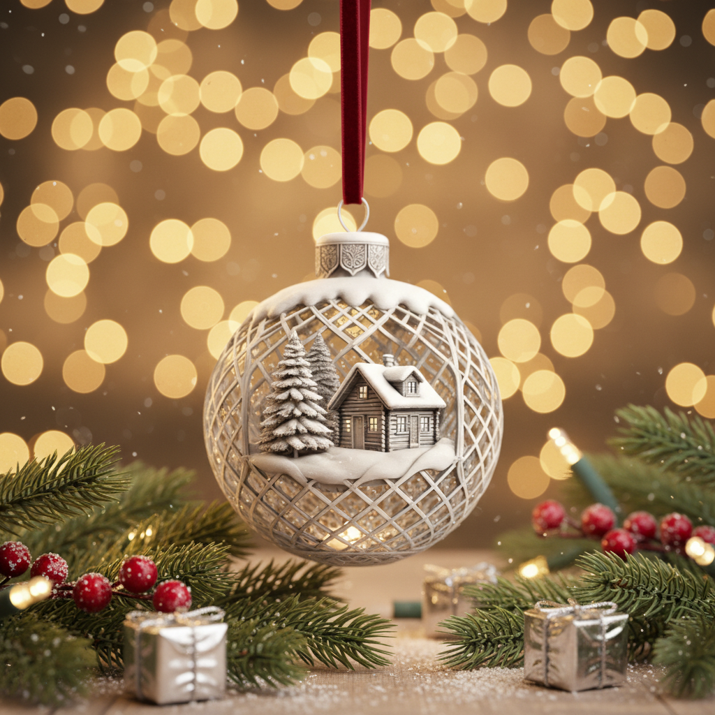 3D printed lattice cabin ornament set in cozy holiday lifestyle scene