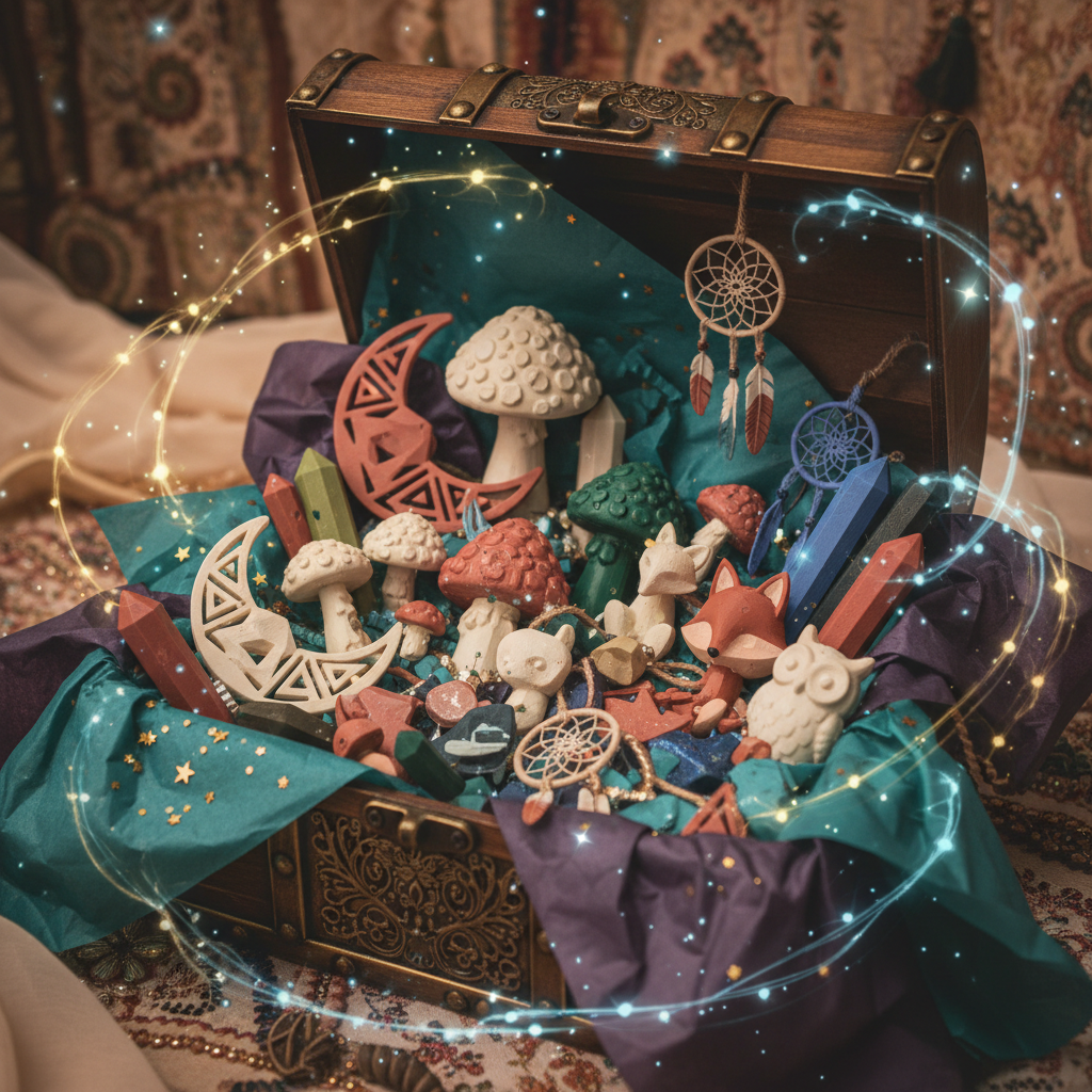A dreamy mystery gift box overflowing with boho 3D printed treasures