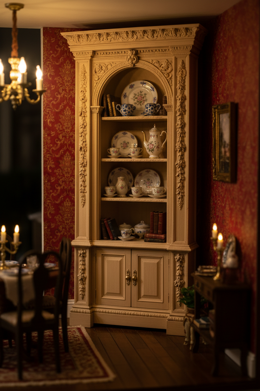 18th Century Corner Cabinet - whimsical dollhouse dining room lifestyle scene