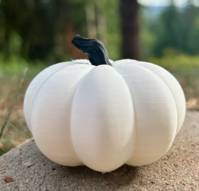 3D printed smooth decorative white pumpkin outdoors on a rock