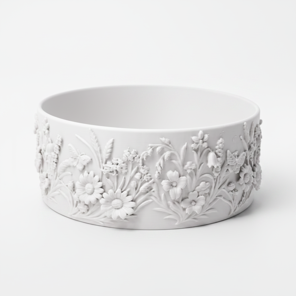 Mid-Summer Eve Bowl in white showing floral relief exterior