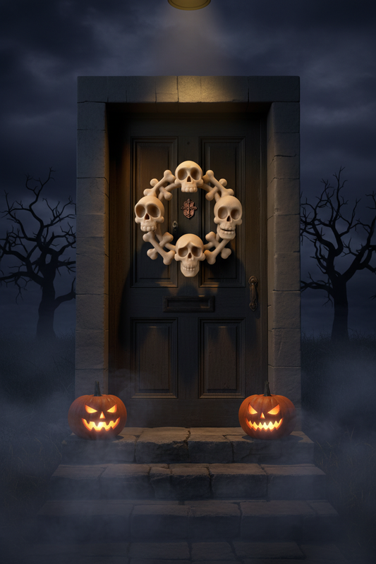 Skull & Crossbones Halloween Wreath - spooky lifestyle on front door