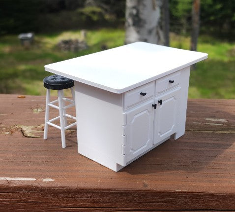 1:12 Scale Kitchen Island & Bar Stool Set — 3D Printed Dollhouse Furniture