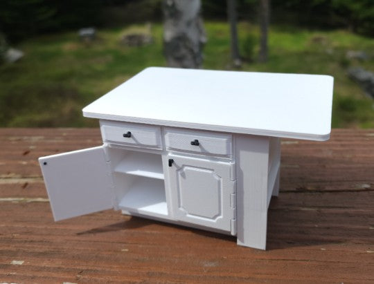 1:12 Scale Kitchen Island & Bar Stool Set — 3D Printed Dollhouse Furniture