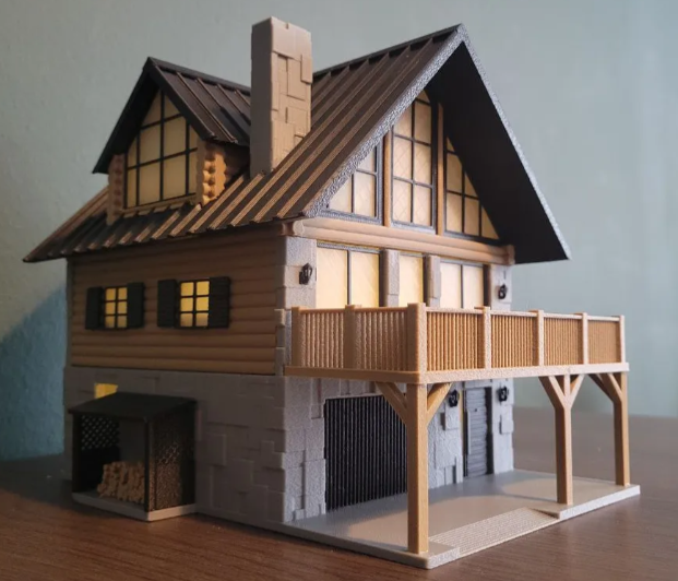 Log Cabin Chalet Architecture Model - front three-quarter view lit