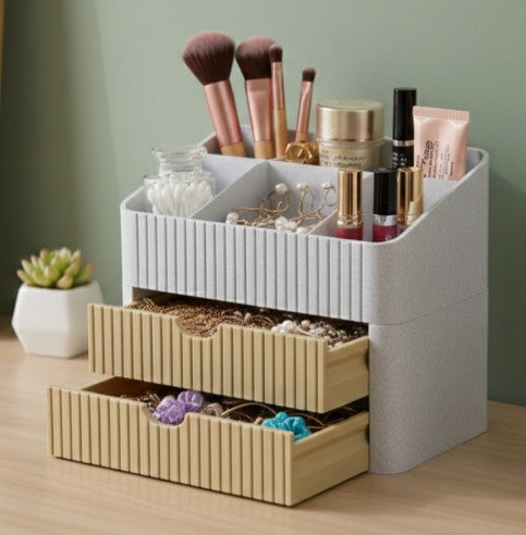 Ribbed Desk & Vanity Organizer with Drawers – 3D Printed Makeup & Stationery Storage