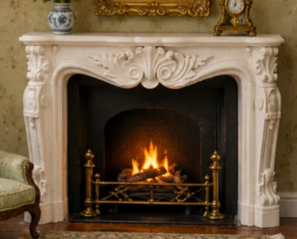 French Rococo Shell Mantel - front view showing full arch and carving