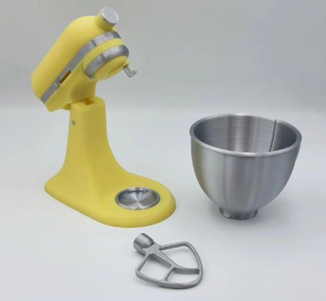 1:12 scale yellow KitchenAid mixer with bowl and beater components