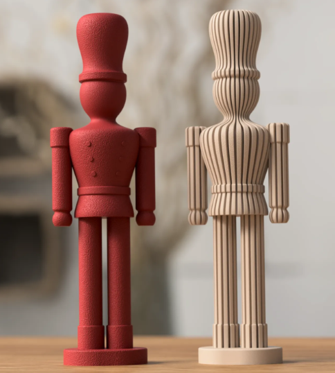 3D printed modern Japandi nutcracker statues in red and cream