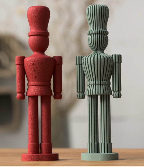 3D printed modern Japandi nutcracker statues in red and sage green