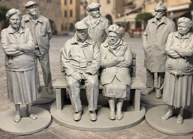 Grumpy old people miniature figures set front view in town square setting