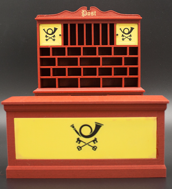 Miniature post office cabinet front view with drawers