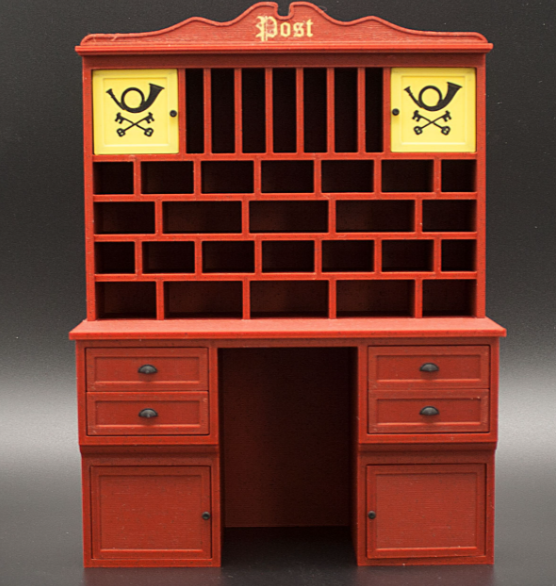 Miniature post office cabinet side angle view