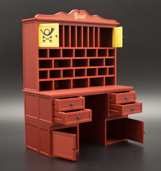 Miniature post office cabinet and counter set together