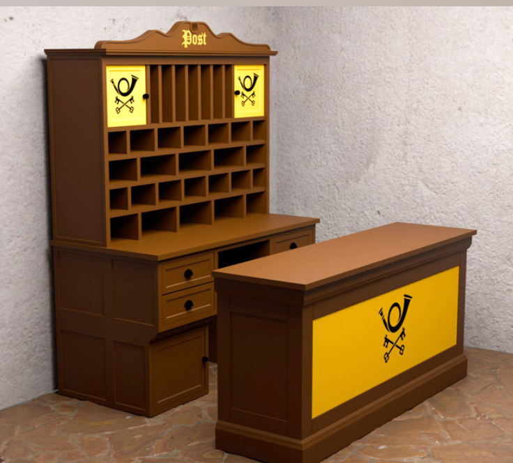 Miniature post office cabinet and counter front view