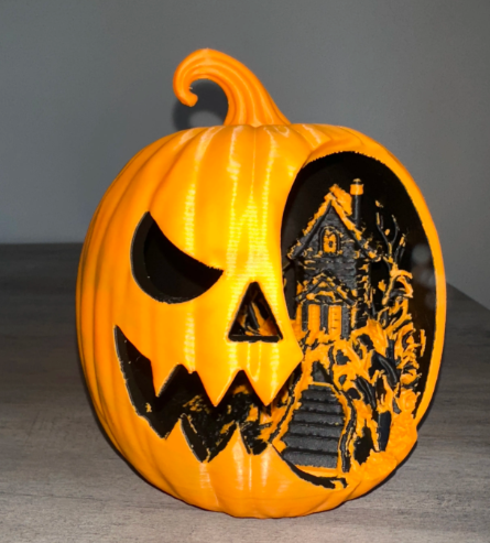 3D printed jack-o-lantern with haunted house scene, unlit view showing full detail