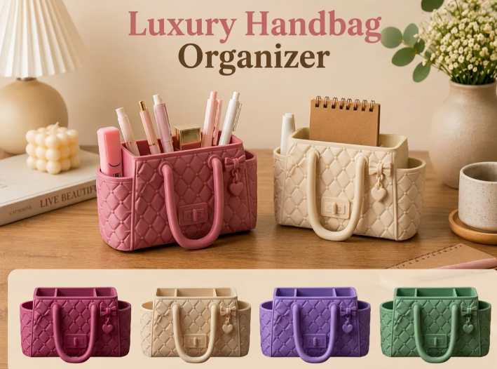 Luxury handbag desk organizer pink and cream colors lifestyle scene with pens