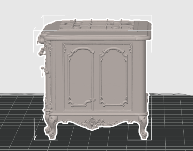 Rococo ornate stove printed white front view in hand