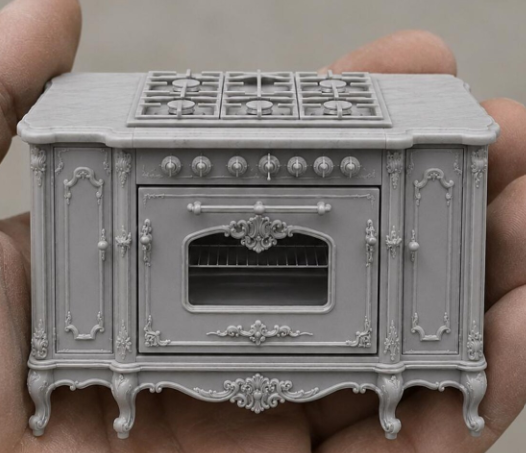 Rococo ornate stove six-burner cooktop detail