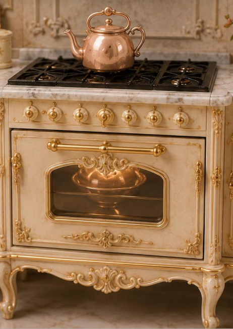 Rococo ornate stove full front view grey finish