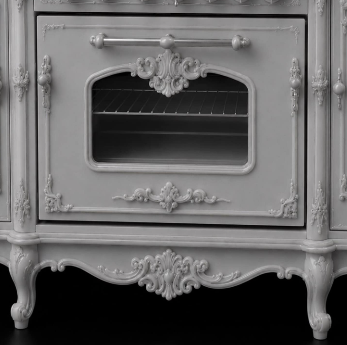 Rococo ornate stove full front view white finish