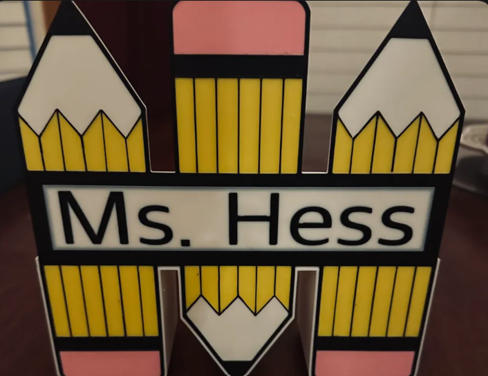 Teacher name sign front view showing pencil design and name plate