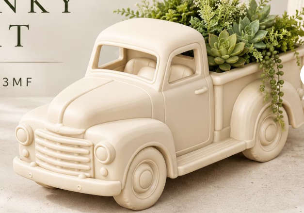Vintage pickup truck planter - pink with daisies
