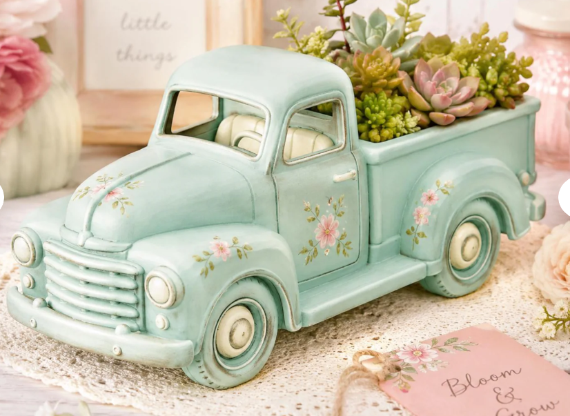 Vintage pickup truck planter - cream white