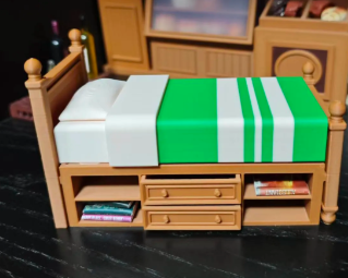 1:12 Scale Single Storage Bed - green striped blanket front view in dark setting