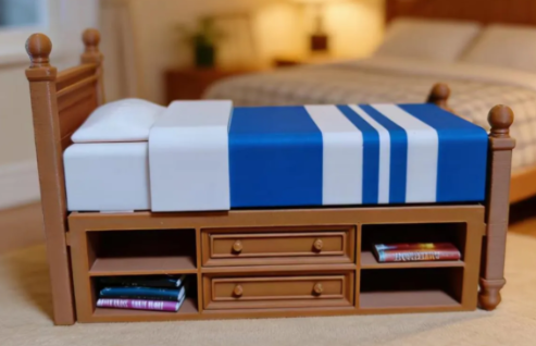 1:12 Scale Single Storage Bed - blue striped blanket three-quarter view