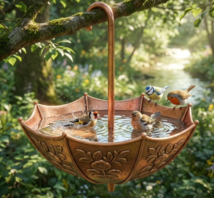3D Printed Umbrella Bird Bath – 9" Round Hanging Outdoor Decor