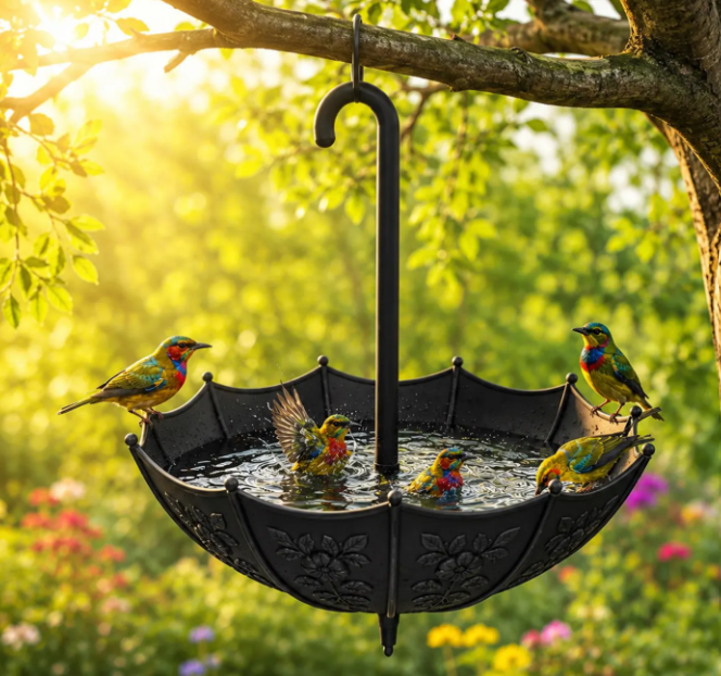 3D Printed Umbrella Bird Bath – 9" Round Hanging Outdoor Decor
